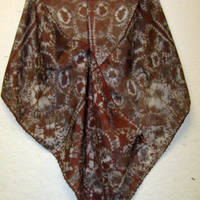 Brown Circular Motif on Repeating Squares Beaded Silk Shibori Scarf Naturally Draped