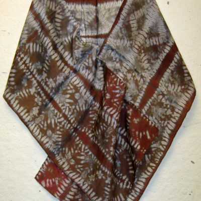 Brown-Gray-White Maka Nui Pattern Silk Shibori Scarf Naturally Draped
