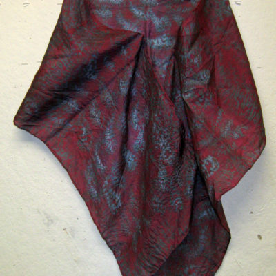 Dark Magenta and Gray Small Leaf Pattern Silk Shibori Scarf Naturally Draped