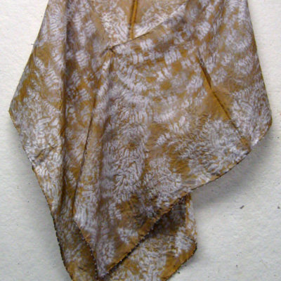 Gold and White Overlapping Leaf Pattern Shibori Scarf with Beaded Edge Naturally Draped