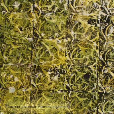 Green Curves Stamped and Painted Fabric Piece by Maureen Jakubson